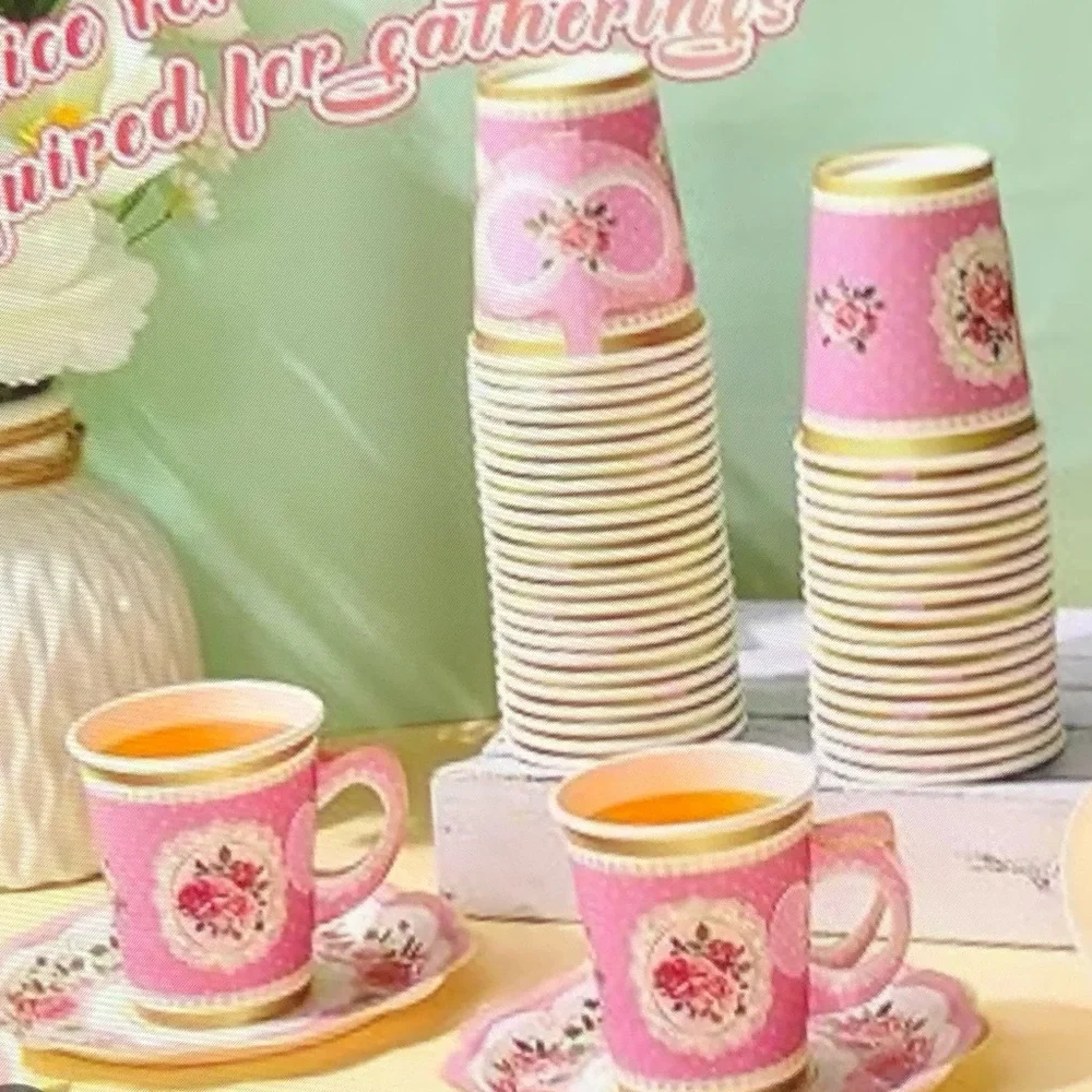 Elegant 60 PCS Pink Floral Party paper Plates and cups with handle.